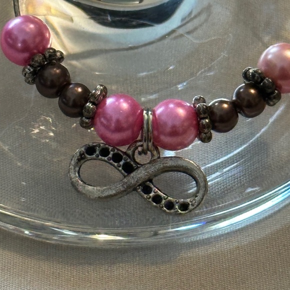 3/$15 Wine glass tag stainless steel hoop, pink & mocha beads infinity charm - Picture 3 of 12